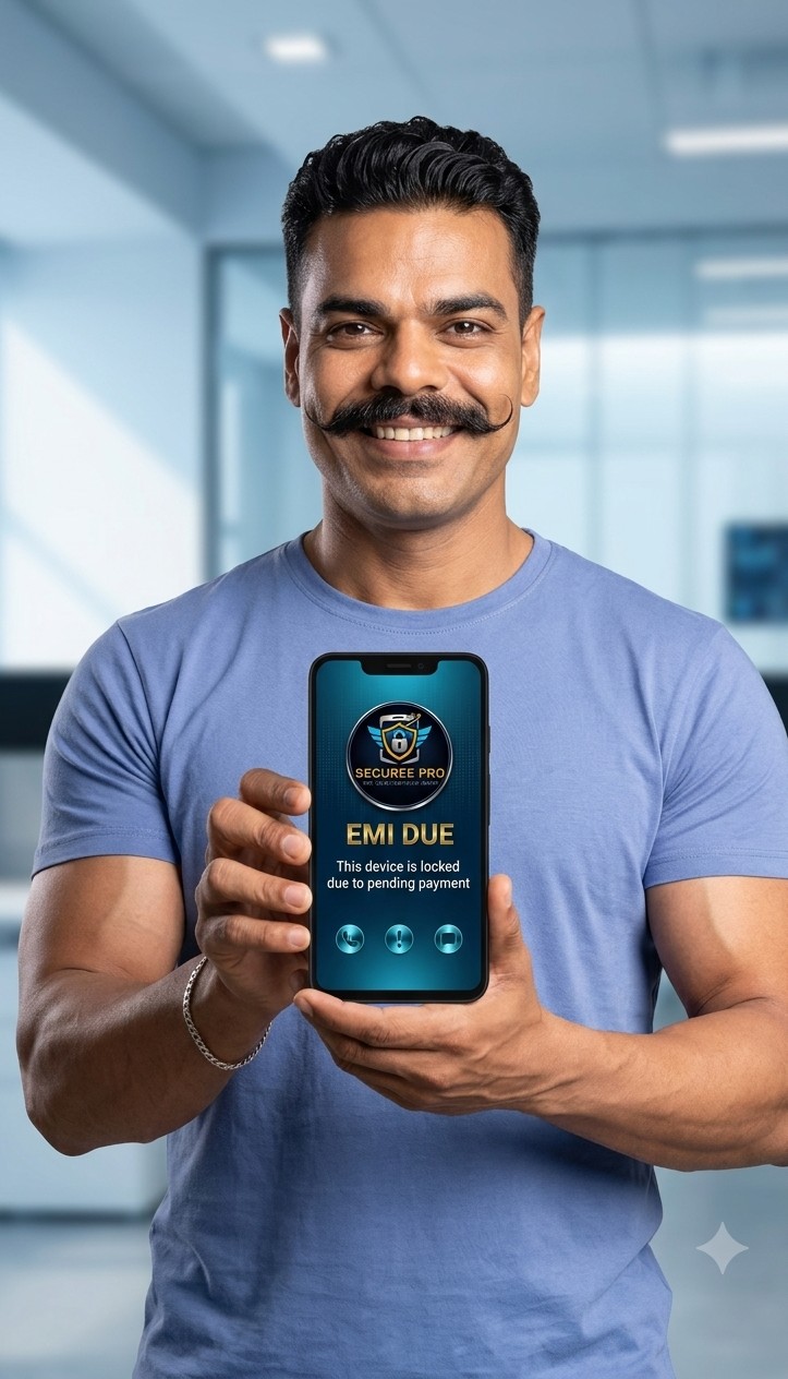 Retailer holding a phone showing Securee Pro's EMI DUE lock screen — device locked due to pending payment