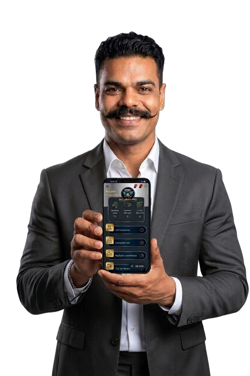 Retailer in a grey suit holding up a phone showing the Securee Pro retailer dashboard